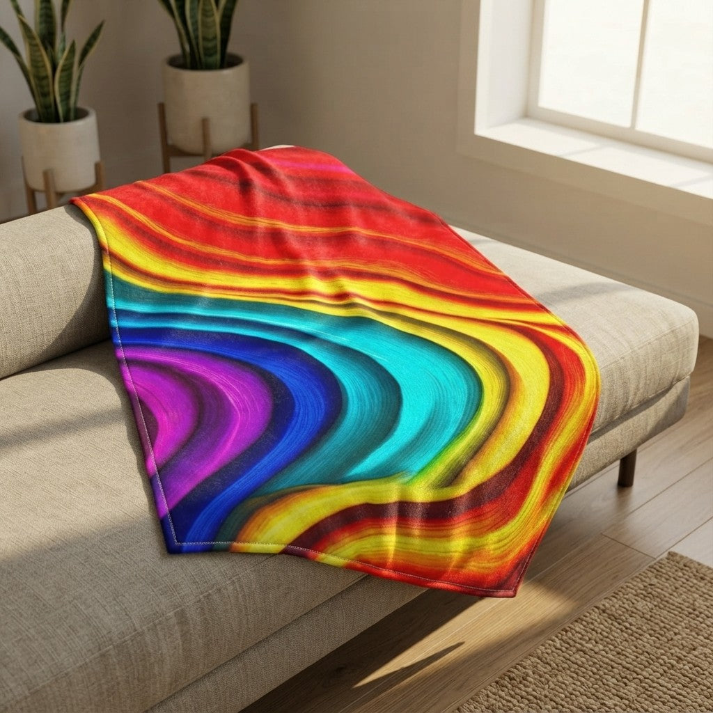 Fluid Art Plush Blanket – Chromatic Wave Design, Modern Home Decor